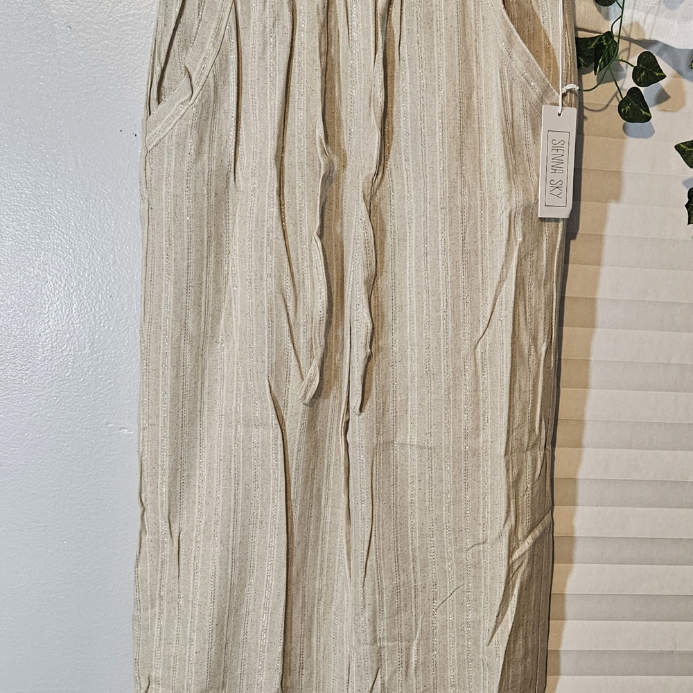NWT Sienna Sky Linen Cream Striped Straight Leg Pants